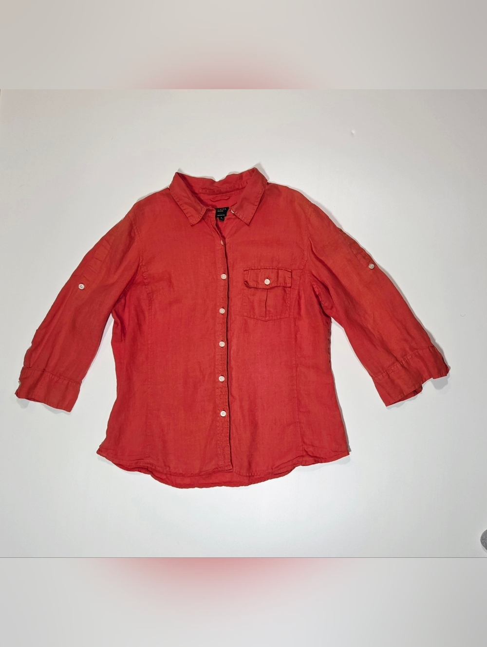 Talbots Pure Irish Linen Button Down Shirt Women's Large Orange Collared 3/4 Slv